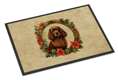 American Water Spaniel Christmas Flowers Doormat Front Door Mat Indoor Outdoor Rugs for Entryway, Non Slip Washable Low Pile, 24H X 36W