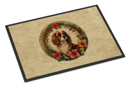 Cavalier Spaniel Christmas Flowers Doormat Front Door Mat Indoor Outdoor Rugs for Entryway, Non Slip Washable Low Pile, 24H X 36W